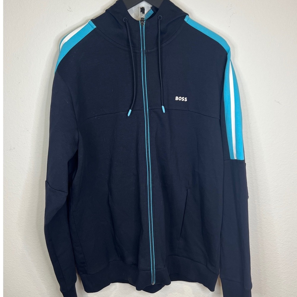 Hugo Boss Mens Zip Up Hoodie Stripe Logo Navy Blue XXL